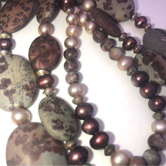 VTG Leopard Skin Jasper Freshwater Pearl Multi Colour Multi Strand Necklace 21” - Picture 5 of 7
